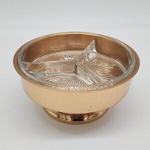 Saxton's Bronze & Glass Divided Serving Bowl Solid Jewelers Bronze 7" Wide VTG